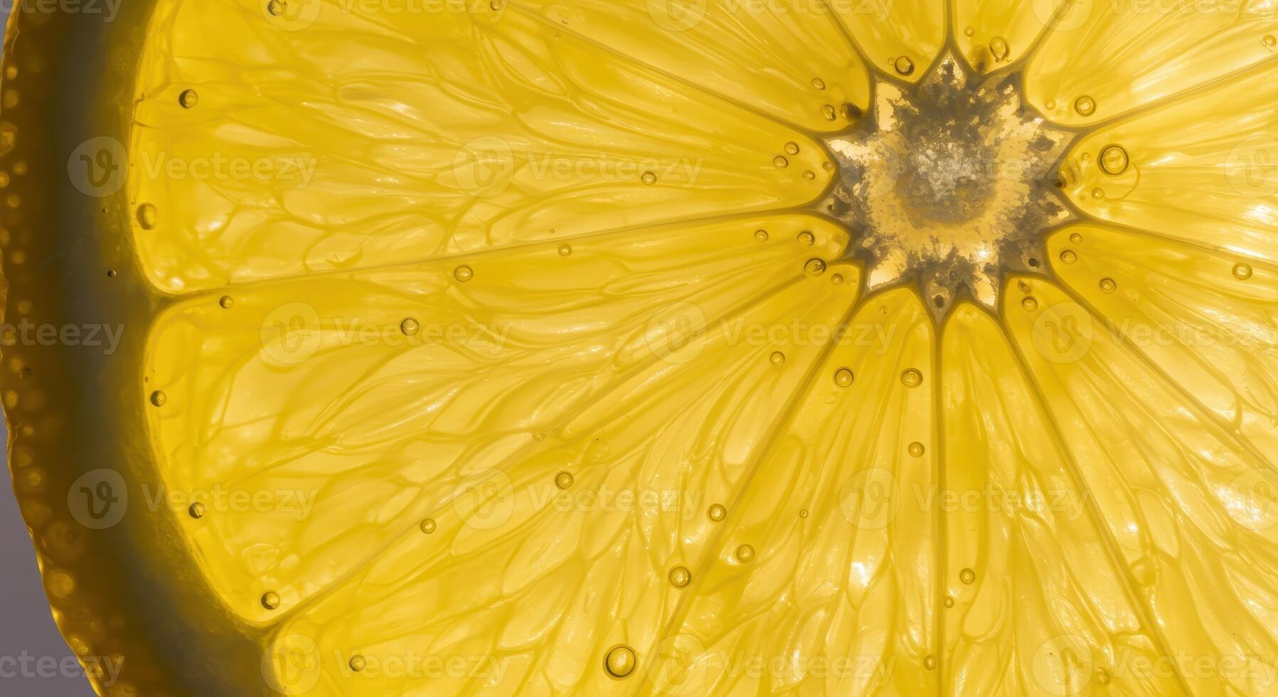 Close up of a fresh lemon slice with bright yellow pulp and tiny bubbles, macro shot photo