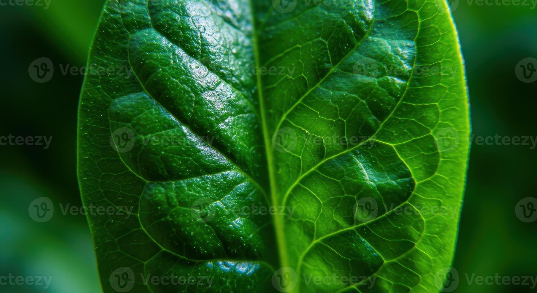 Close up of a fresh deep green spinach leaf with visible veins in natural light photo