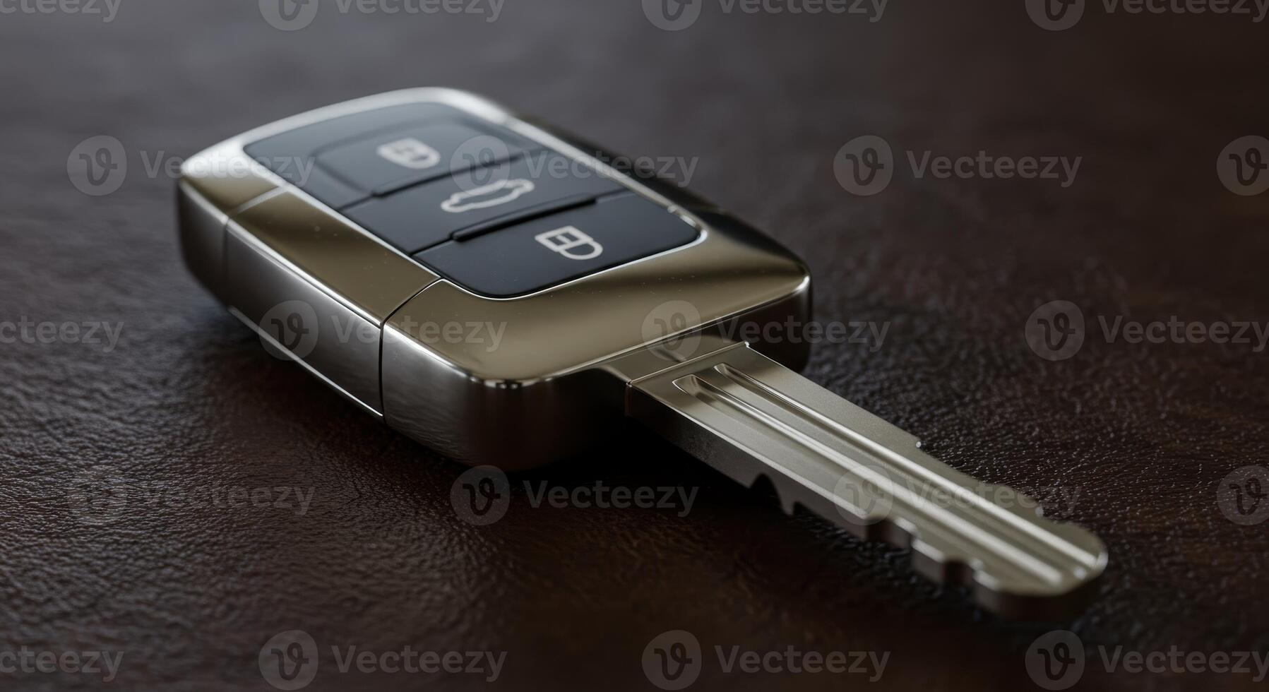 Shiny modern car key with remote control buttons resting on a dark leather surface photo