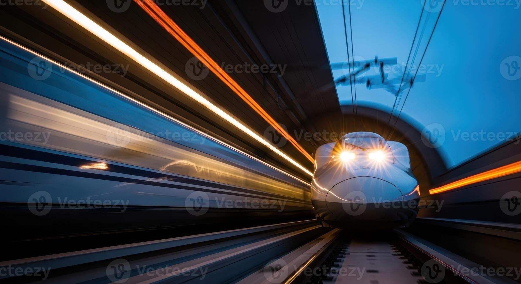 Modern high speed bullet train speeding through a tunnel with dynamic motion blur and vibrant light trails photo