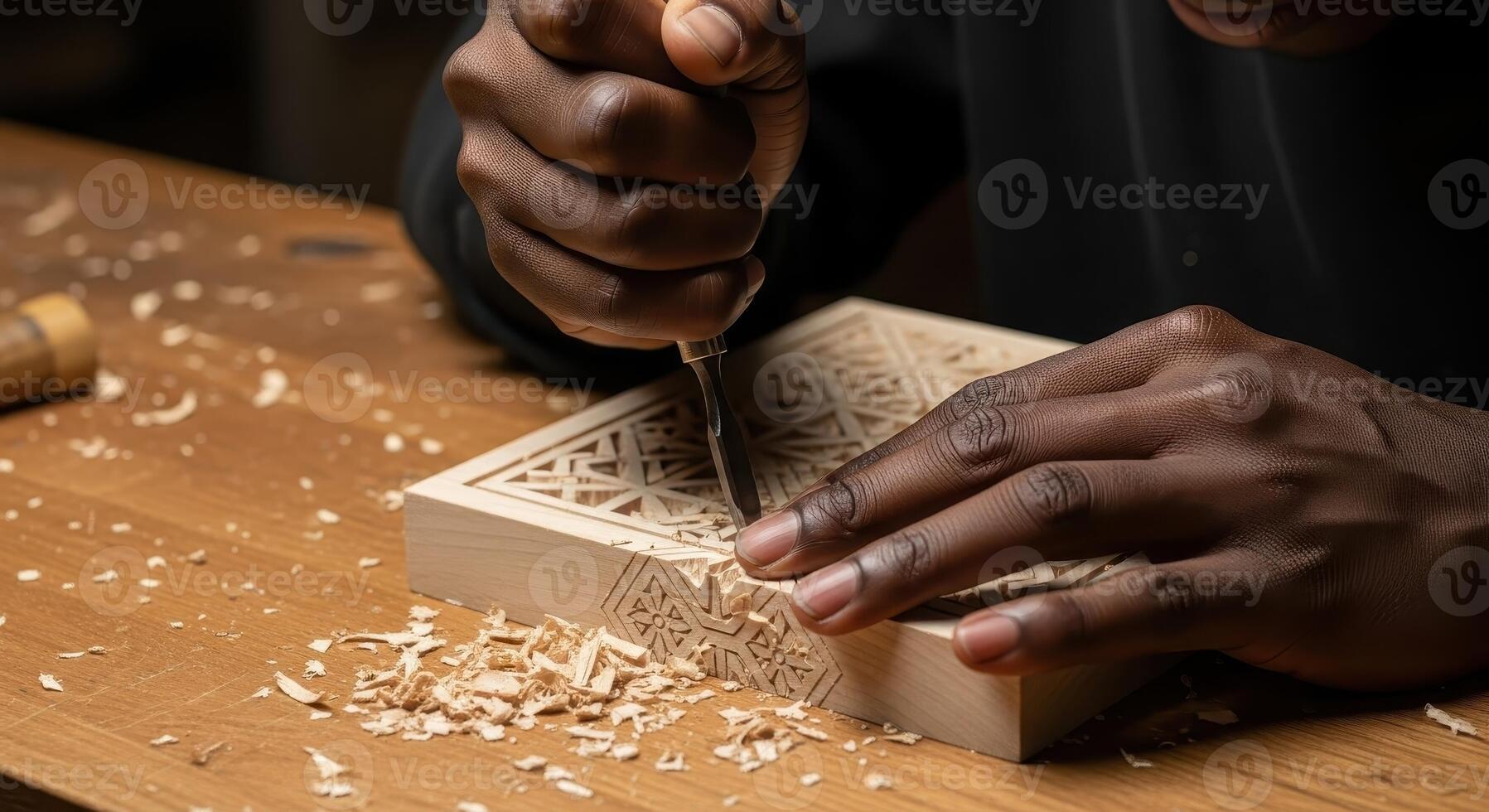 Skilled artisan hands carving intricate geometric patterns into light wood with a chisel photo