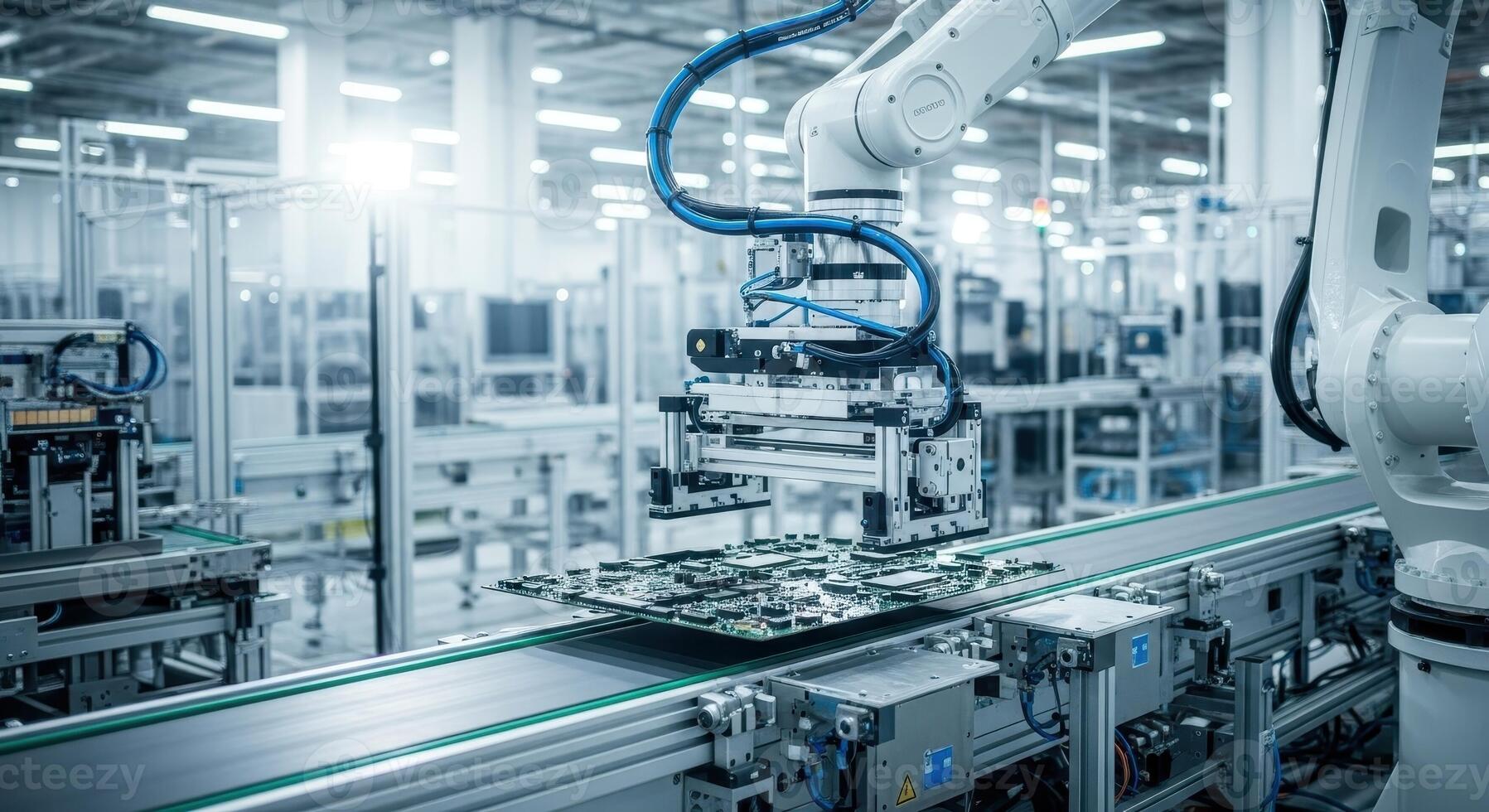 Robotic arm precisely placing an electronic circuit board on an automated assembly line in a modern factory photo