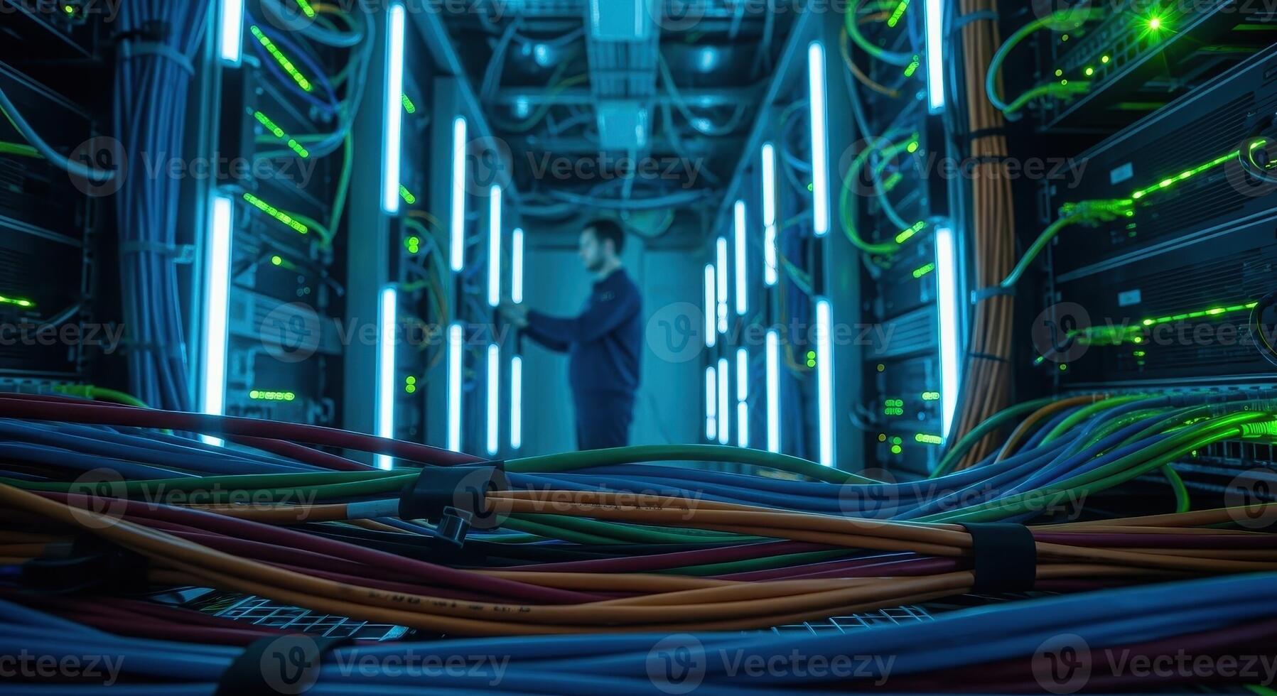 Professional photo of a modern data center with glowing server racks and network cables