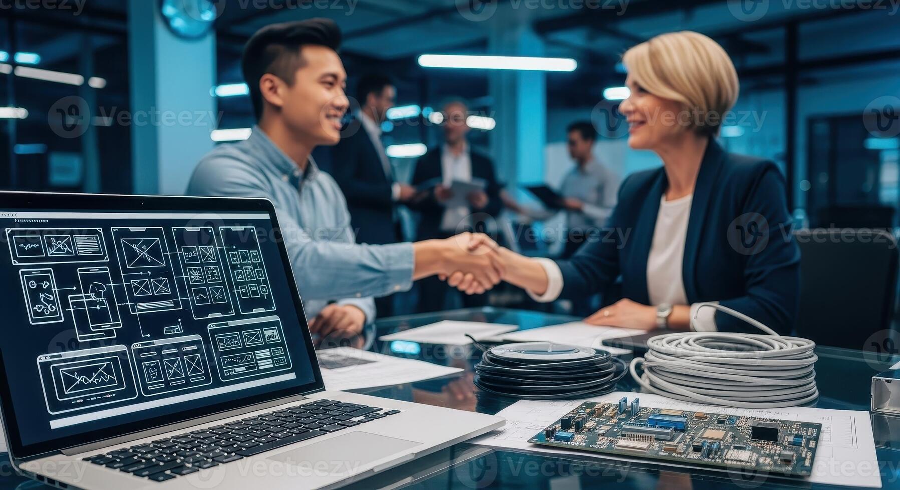 Diverse business partners shaking hands in a tech office, laptop with UI UX wireframes and circuit board photo