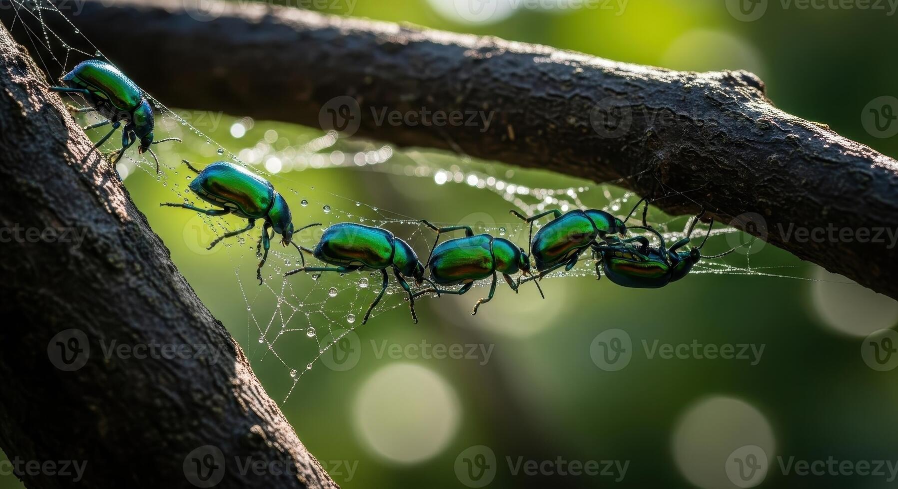 Iridescent green beetles traversing a dew covered spider web between tree branches in nature photo