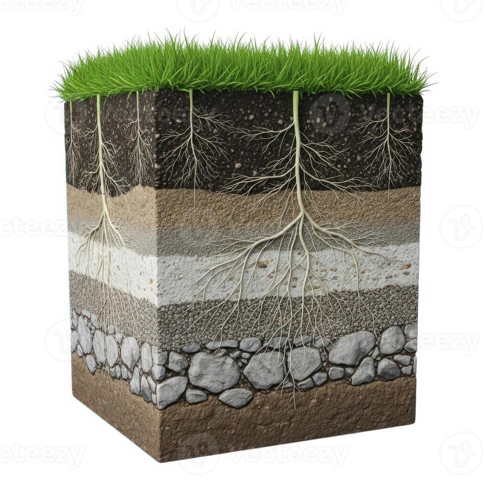 Soil layers with grass isolated on white background, showcasing the different strata and root systems beneath the surface photo