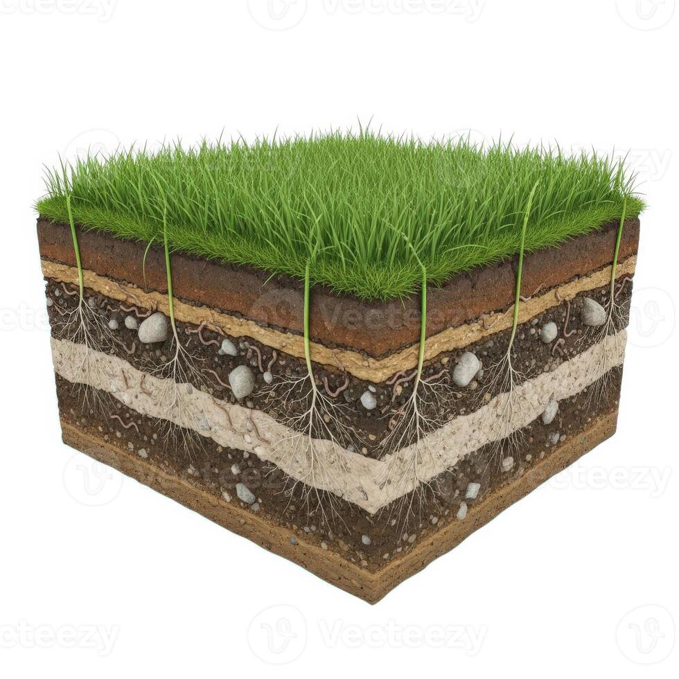 Cross section of soil layers with grass isolated on white background showing roots photo