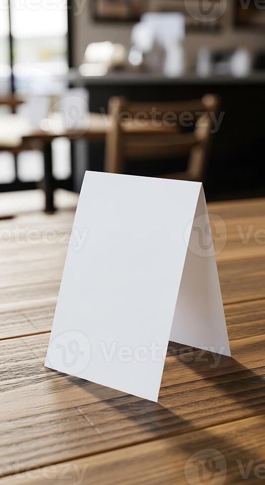 Blank white table tent card on a wooden table in a cafe setting with blurred background elements visible photo