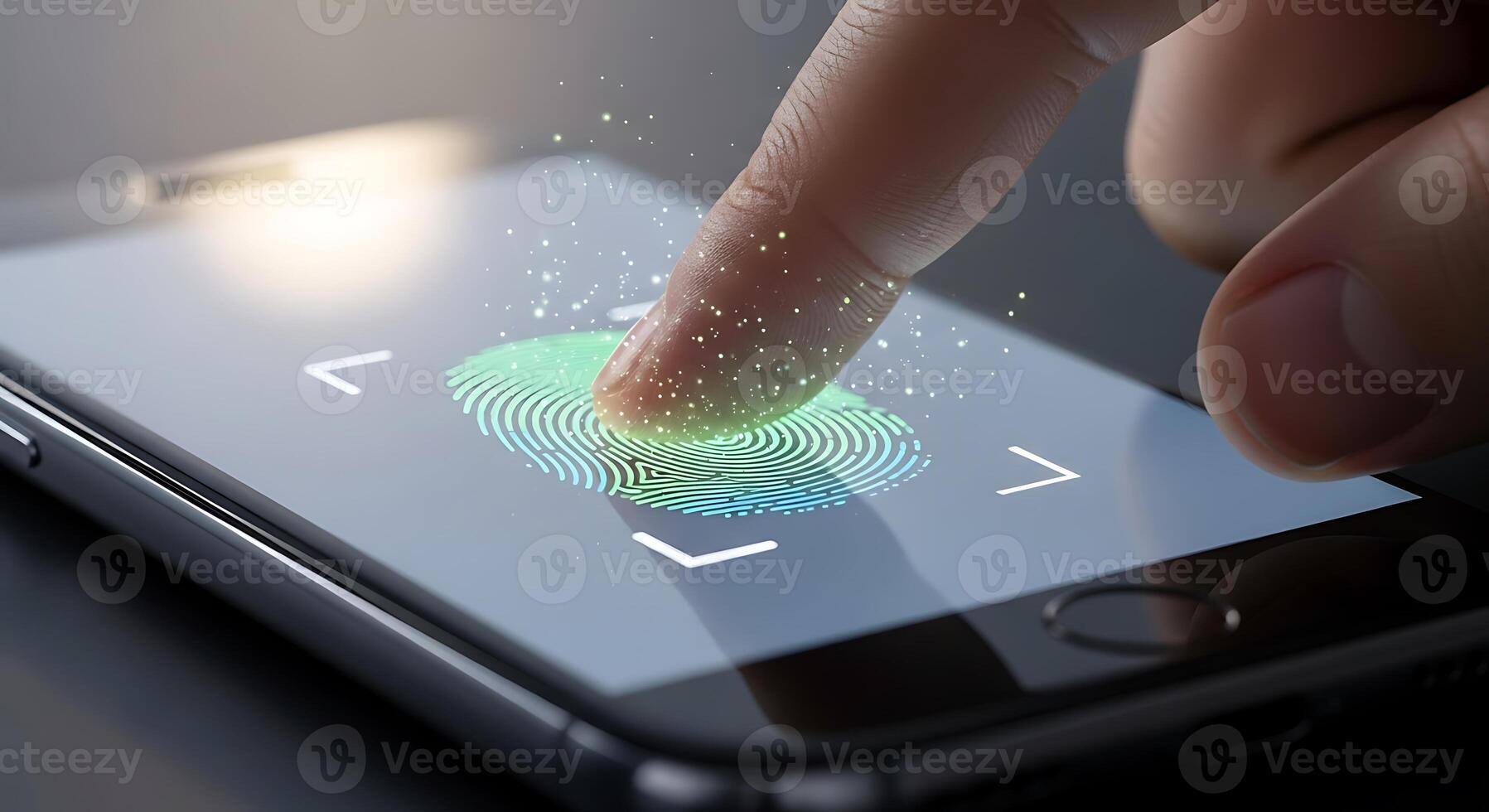 A finger pressing on a smartphone screen with a fingerprint scanner for secure access and identification photo