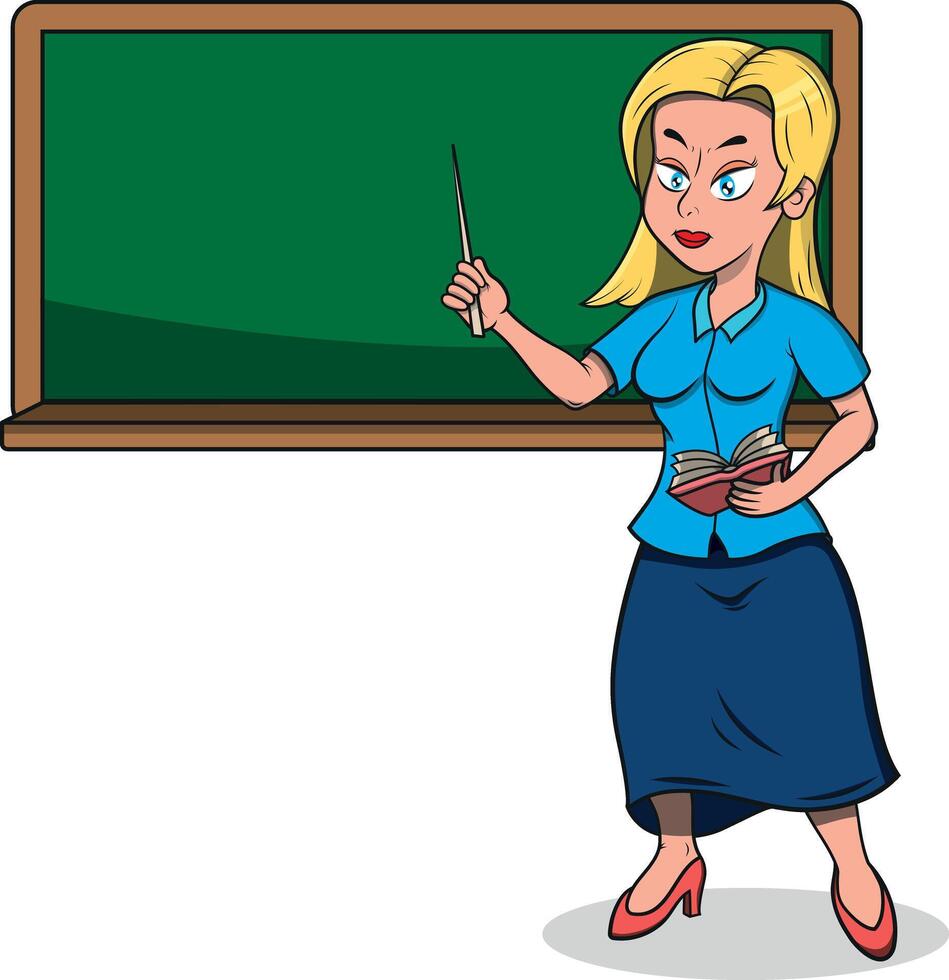 A stern teacher pointing at chalkboard, ready to present knowledge and demonstrate a lesson to students in a classroom setting vector