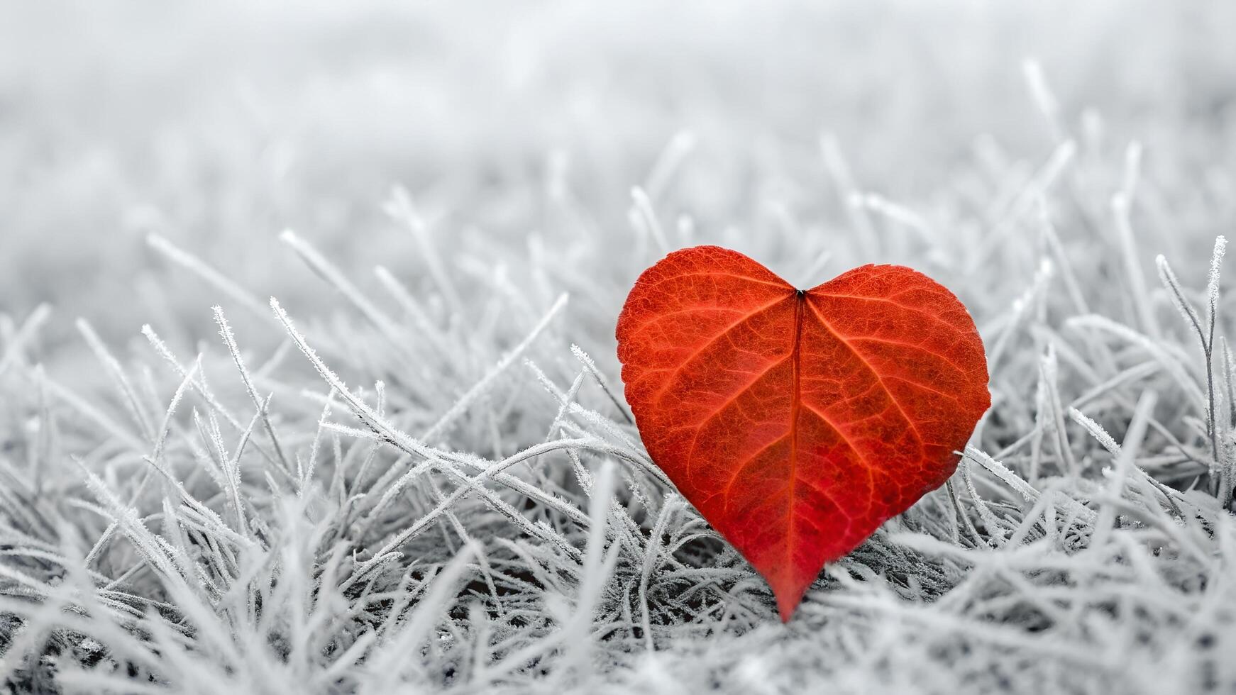 Single Red Heart Shaped Leaf on Frosty Grass in Selective Color with Bokeh Effect photo