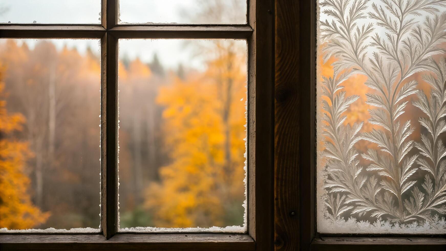 View Through a Frosty Window of Autumn Trees in Soft Light in a Brown Wooden Frame photo