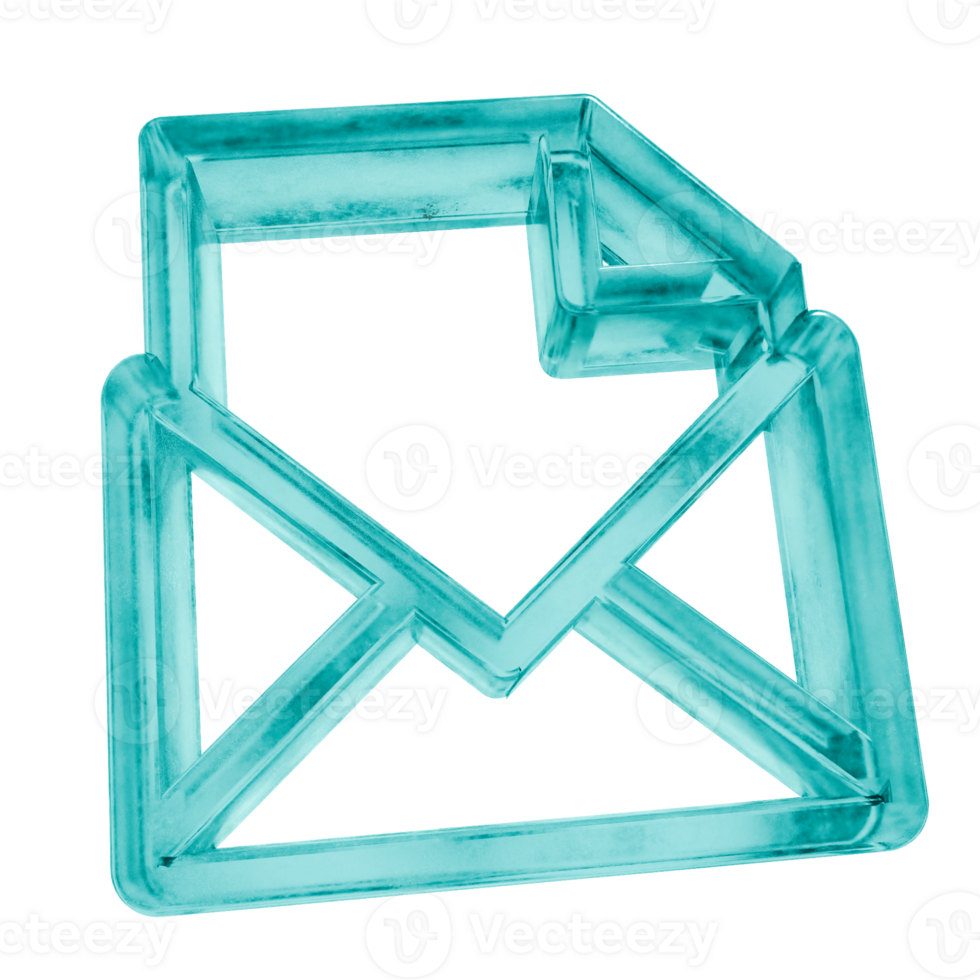 3D envelope open line shapes in frosted blue ice glass style, isolated on a transparent background. Glassmorphism icons and 3D elements for modern graphic design. png