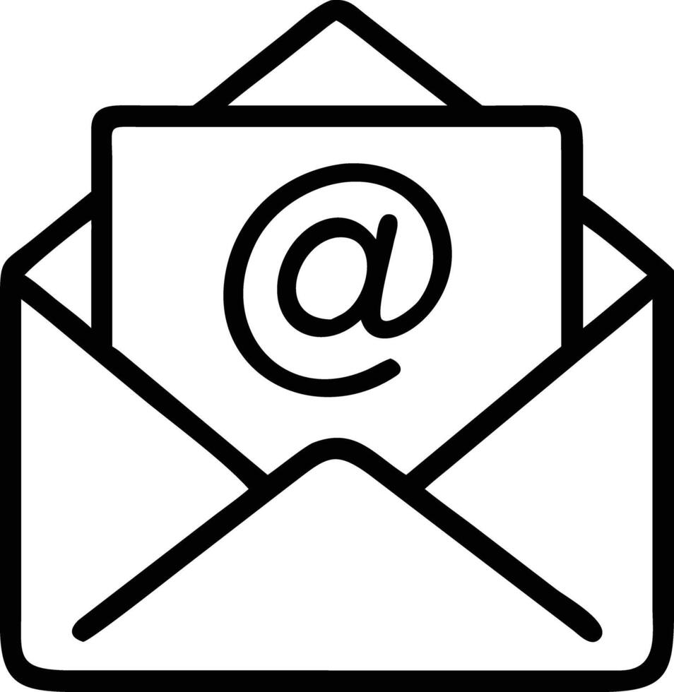 Simple line art of open email envelope with at sign inside vector