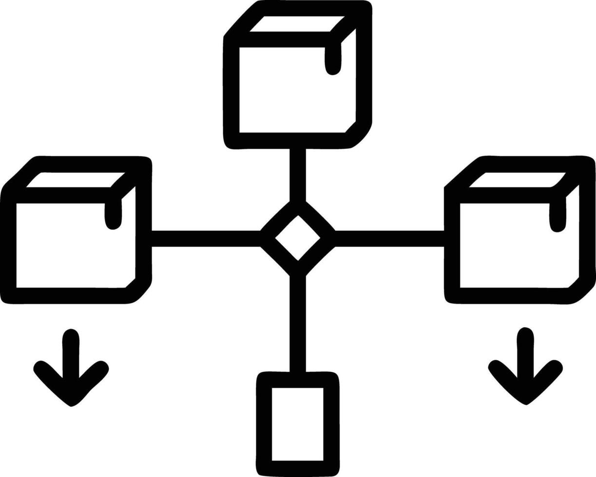 Data flow diagram with three cubes, rectangle, diamond and down arrows line art vector