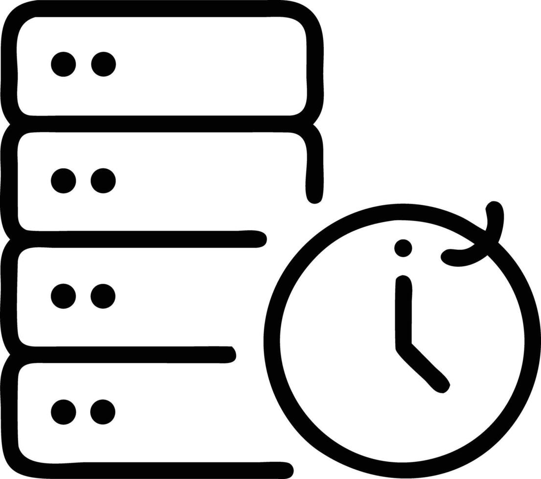 Database server stack with clock refresh icon in simple line art style vector