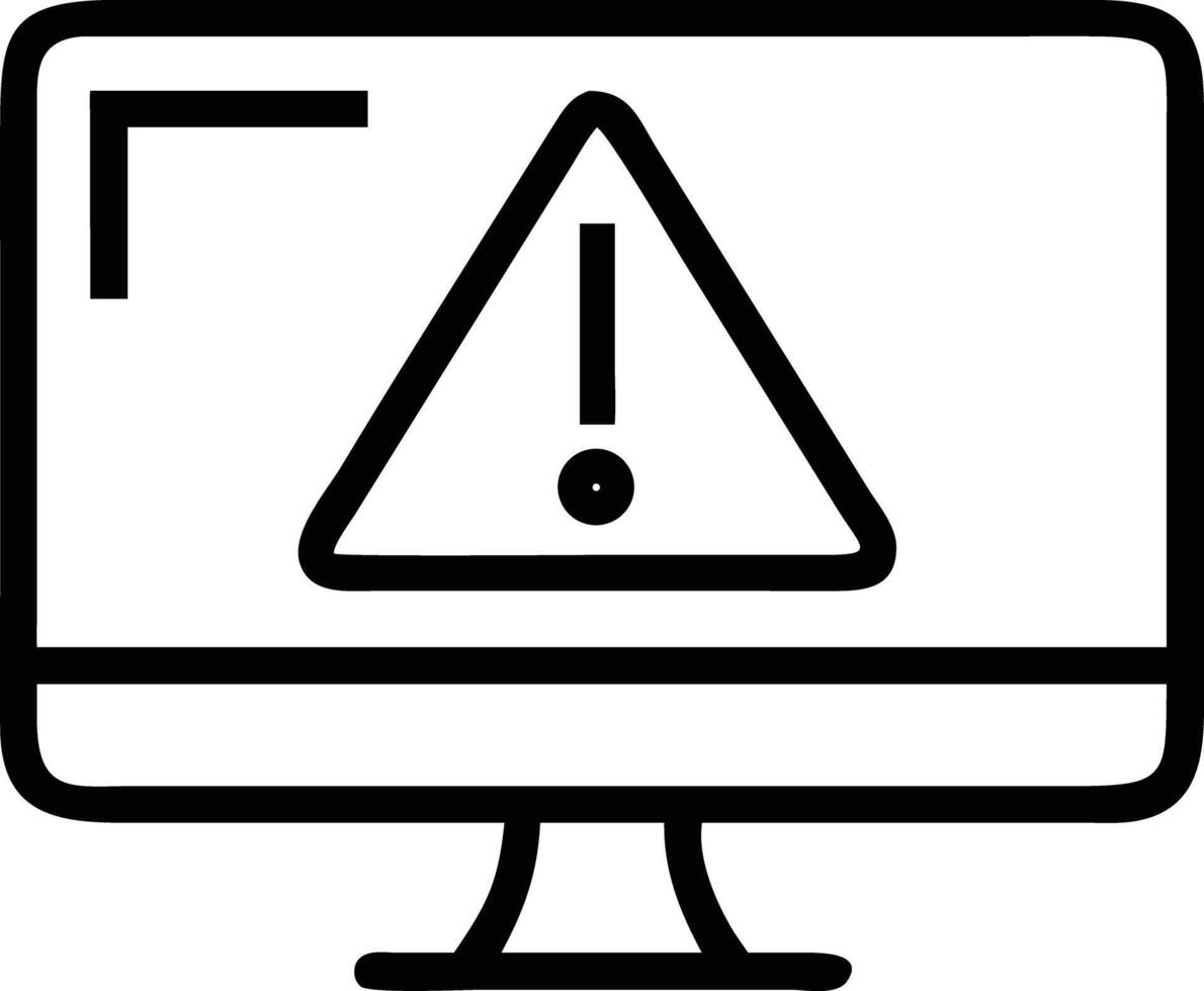 Isolated line art icon of computer monitor displaying a warning sign vector