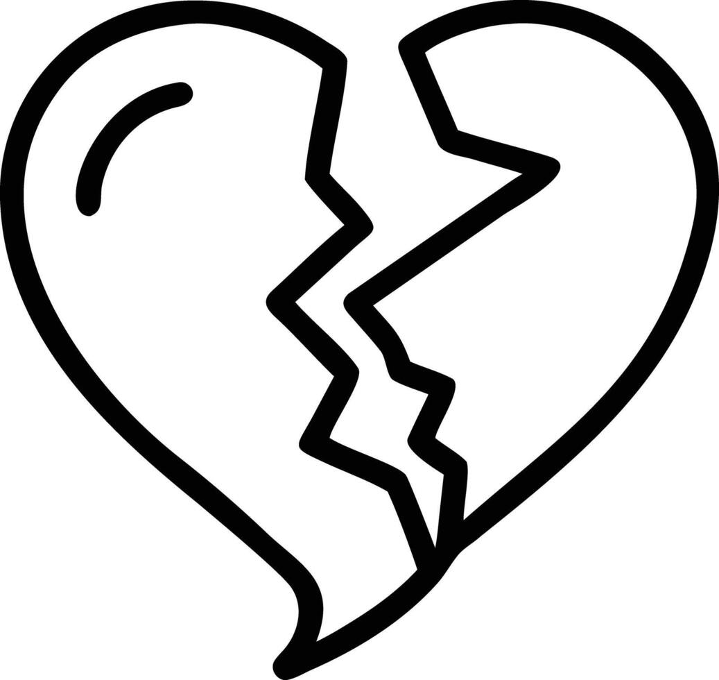 Broken heart illustration with jagged crack in simple outline style for creative projects vector