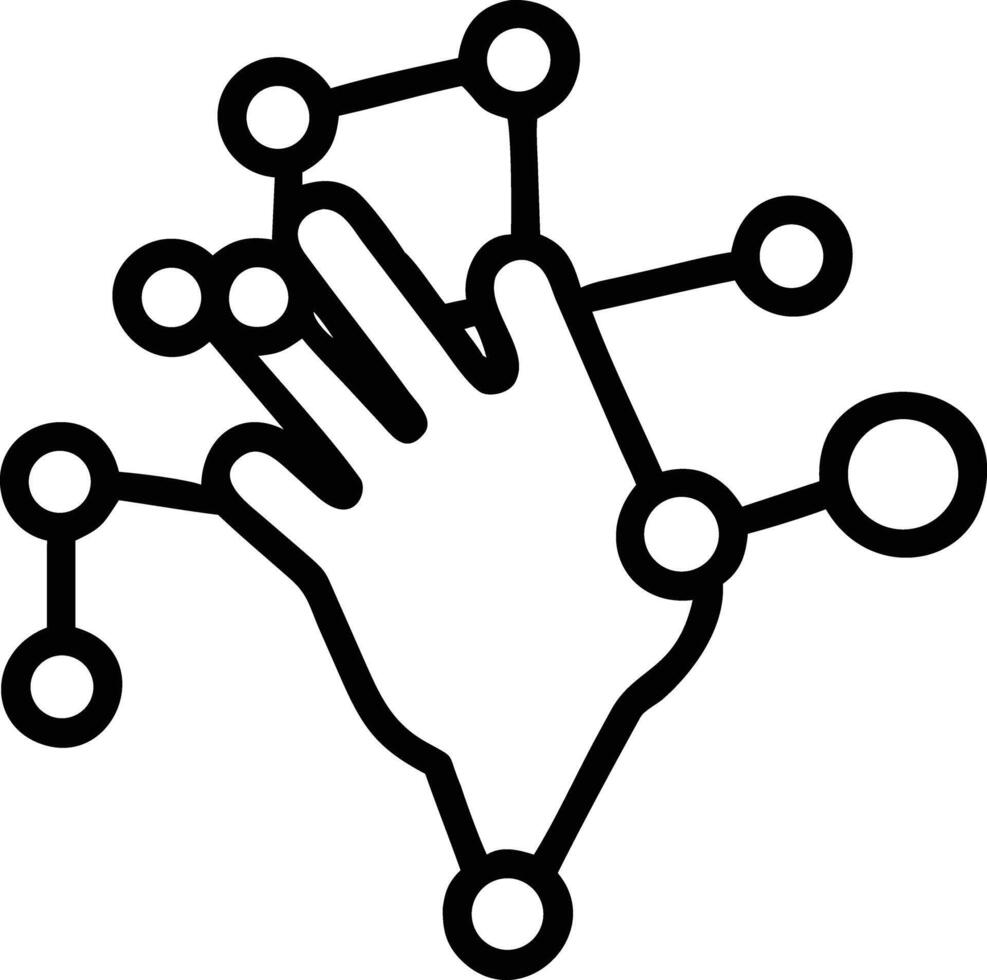 Hand interacting with digital network in line art style connection nodes vector