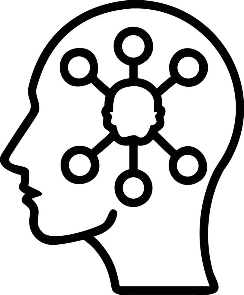 Human head outline with network connections inside in simple line drawing vector
