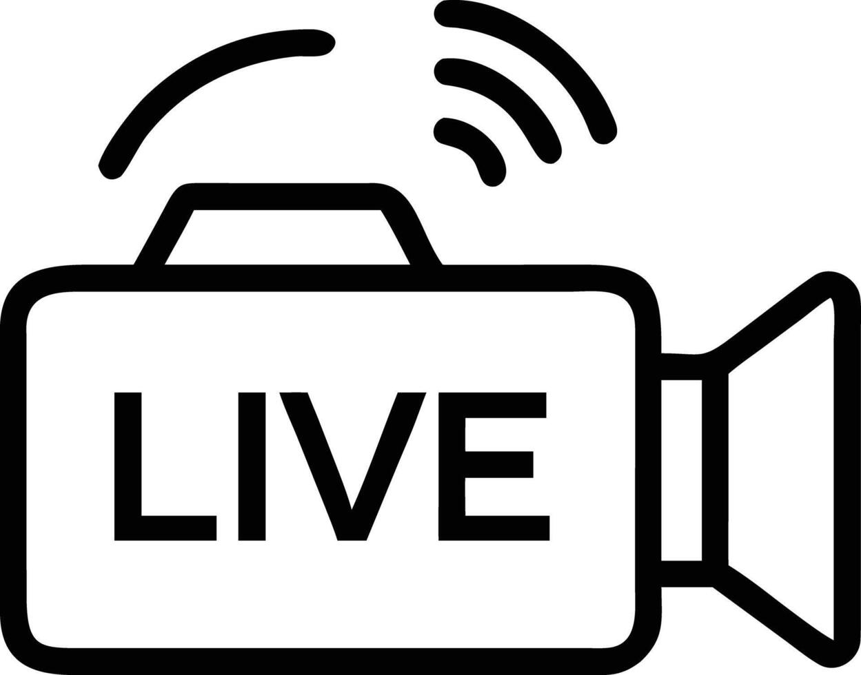 Outline broadcast camera icon with signal symbol and the word live for stream overlay vector