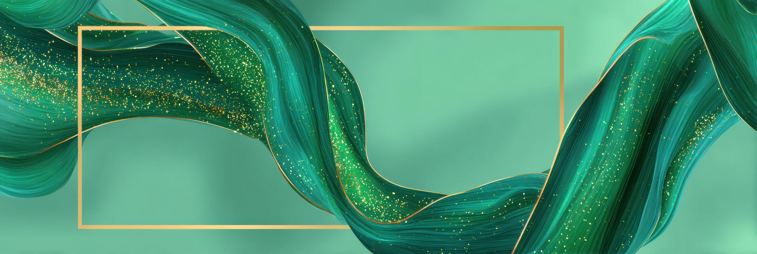 Elegant abstract green wallpaper with dynamic liquid flow. gold frame on solid background creates luxurious and modern banner design with smooth satin texture photo