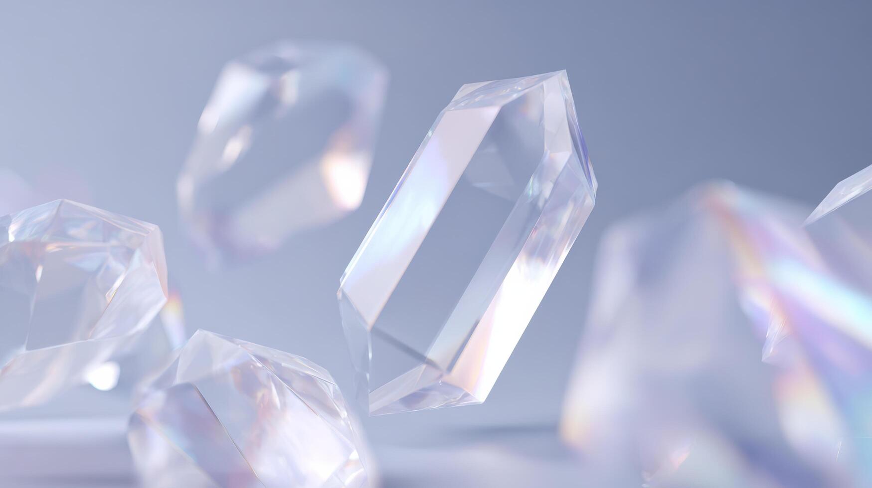 Bright light reflects on floating crystal facets, serene and magical abstract background. These transparent gems and gemstones create calm and pure visual of elegance photo