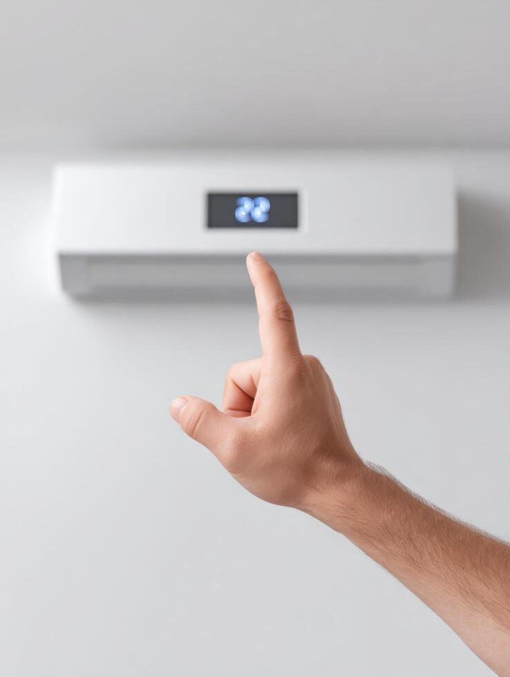 Focused person hand pressing button on digital air conditioner unit, setting temperature for optimal climate control. smart home system provides comfort photo