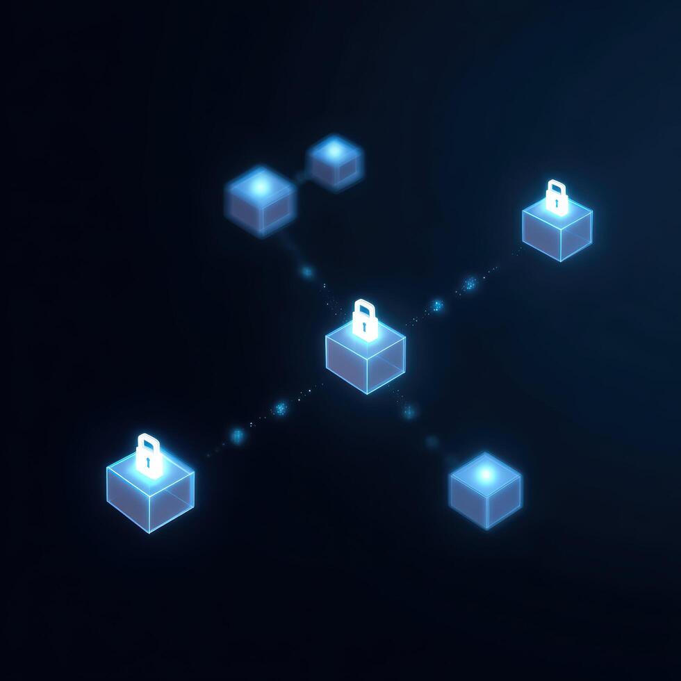Futuristic blockchain technology with glowing blue data blocks. secure digital network connection representing decentralized system for powerful security and protection photo