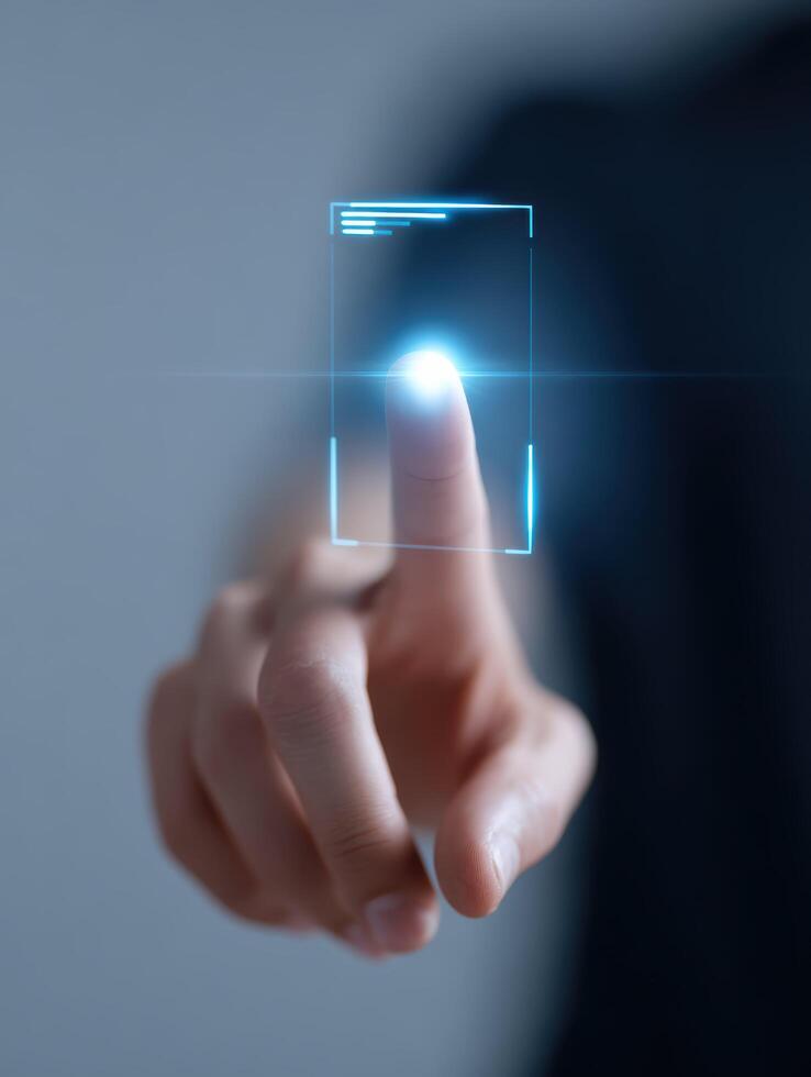 Futuristic fingerprint scanner for biometric authentication and security. finger touching digital screen for identity access control, concept of technology and cybersecurity photo