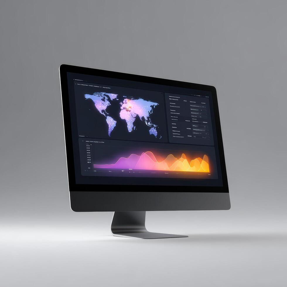 Modern computer screen showing sophisticated data visualization dashboard. display features global map, complex analysis, and vibrant charts for business and finance intelligence photo