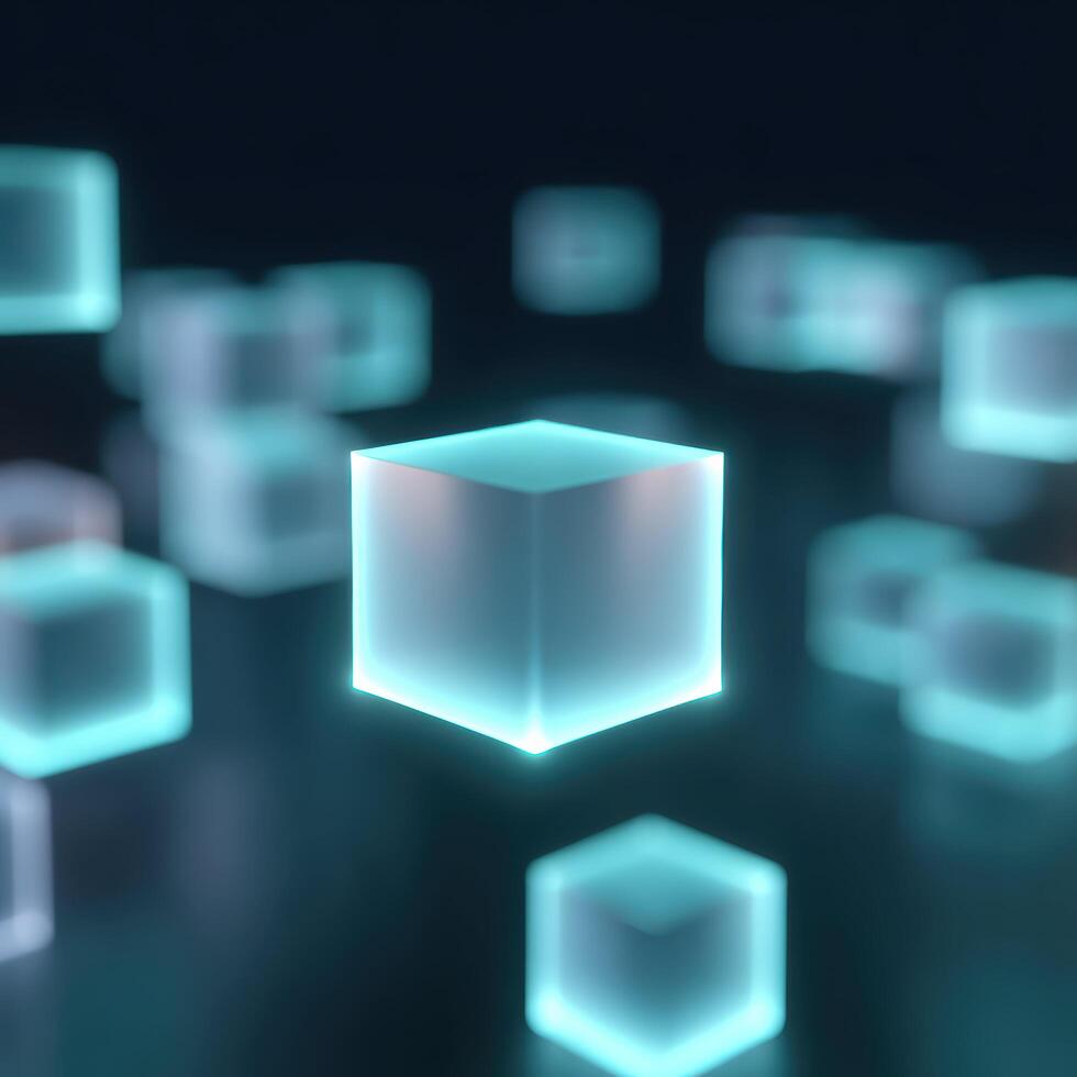 Futuristic concept of blockchain technology with glowing blue cube and secure network of blocks on dark background. Abstract digital representation of data and finance photo