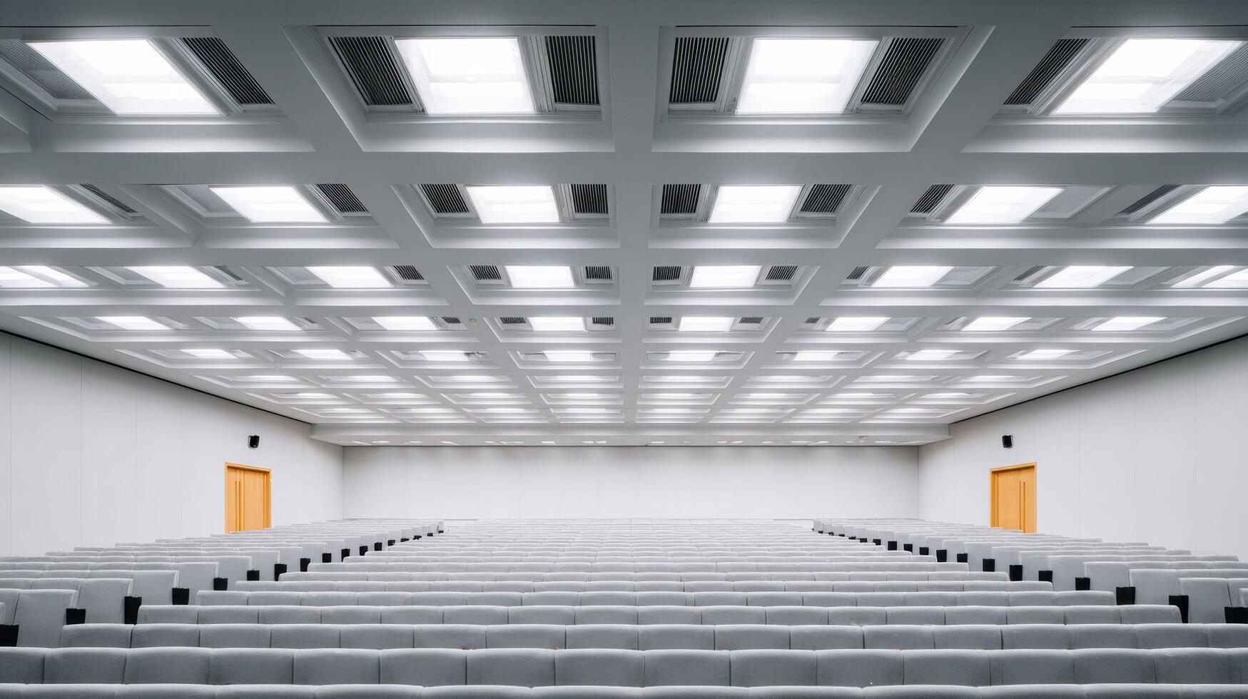 Spacious, empty lecture hall auditorium with modern architecture. university interior features geometric ceiling and rows of seats, creating quiet and orderly scene photo