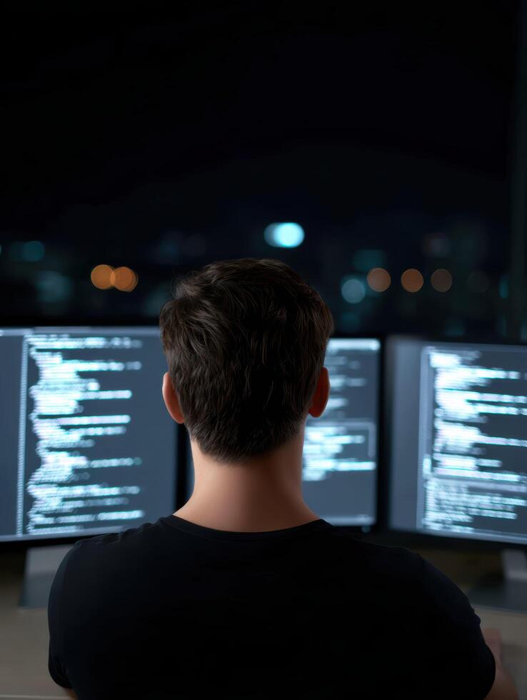 Focused man, an expert programmer, works late at night, coding on computer with multiple screen displays in dark room. technology and complex code reflect intense concentration photo