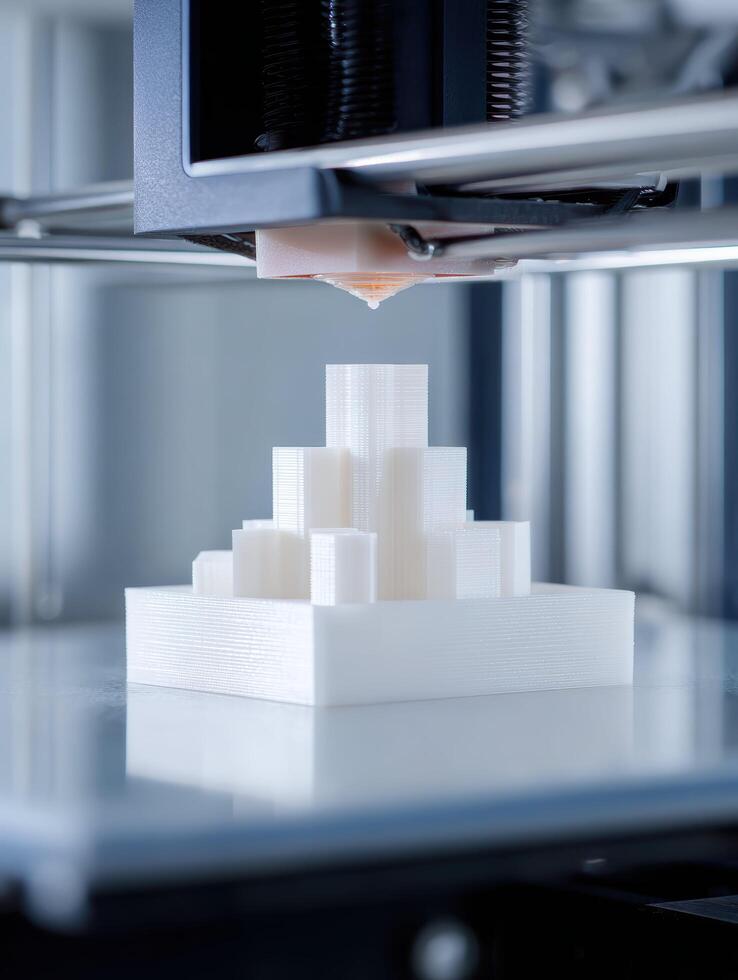 Focused close up of printing machine creating white architectural model. Innovative additive manufacturing and layering technology demonstrate rapid prototyping and complex design photo
