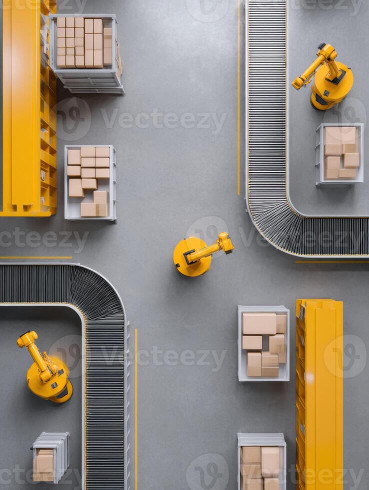 Top view of an automated warehouse with yellow robot arm and conveyor belt. Efficient industrial technology for modern factory logistics, distribution, and smart package delivery photo
