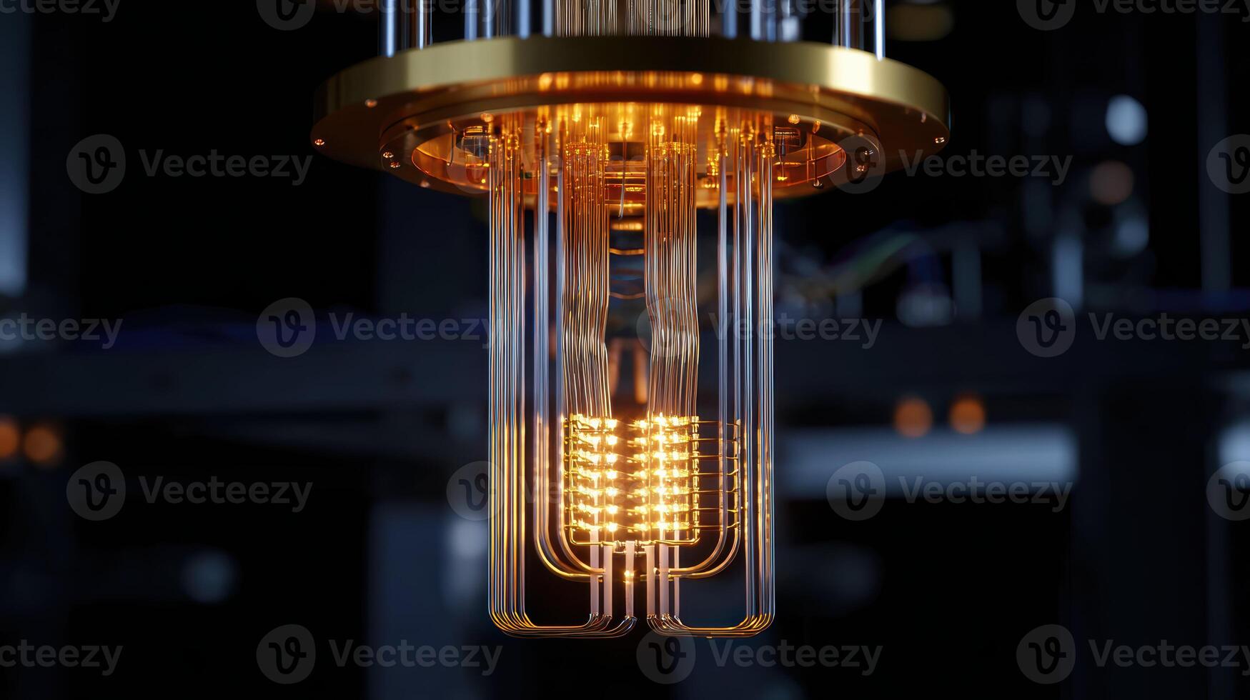 Glowing core of futuristic quantum computer with intricate wiring. sophisticated view of advanced technology, science, and innovation for dark background photo