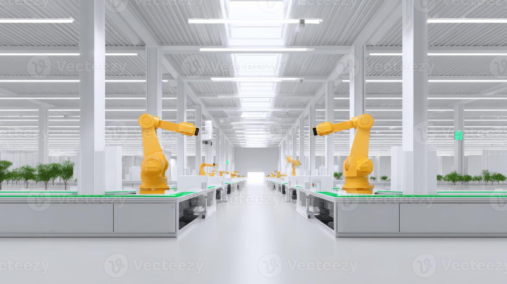 Modern smart factory showcases industrial automation with robotic arm on assembly line. efficient production conveyor represents future technology and advanced manufacturing photo