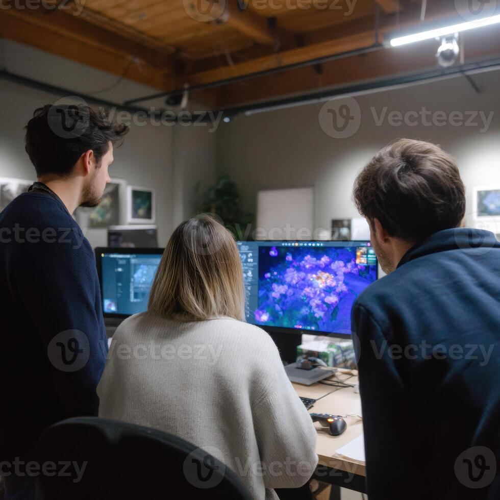 Focused team of game developers shows intense collaboration while testing new game in office. programmer and design group works together at computer screen photo