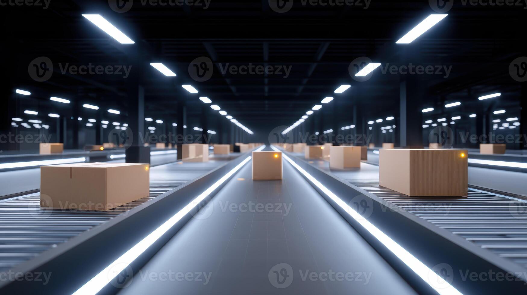 Efficient automated warehouse logistics with futuristic conveyor belt system for distribution and sorting. cardboard box shipment moves through modern industrial factory photo