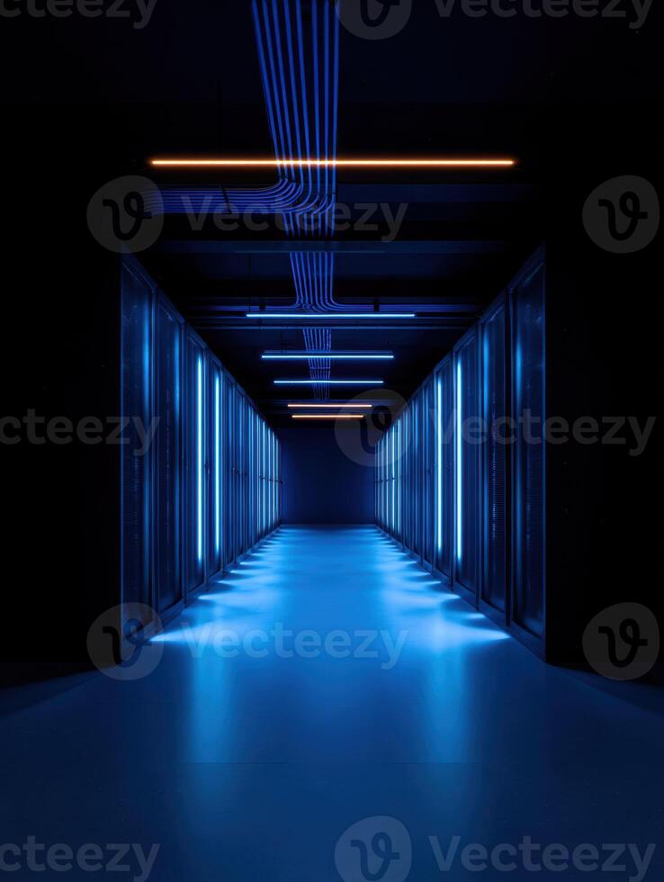 Powerful server room in data center with futuristic technology. Glowing blue light illuminates dark corridor, creating an awe inspiring and high tech atmosphere photo