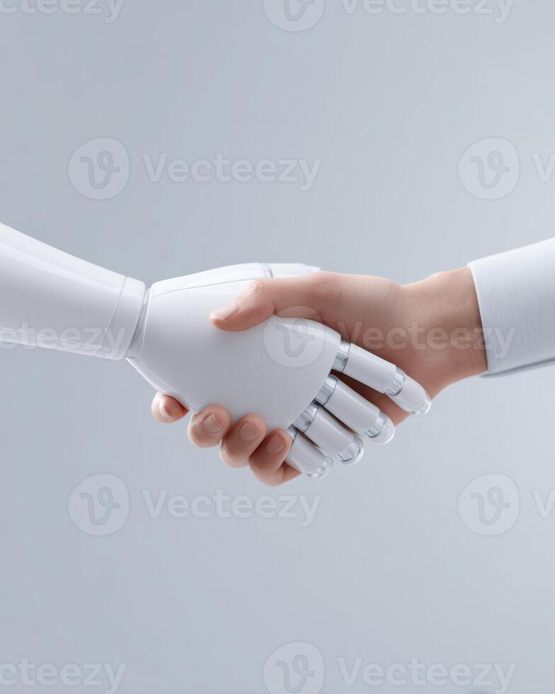 Human hand and robot hand shaking in partnership. hopeful symbol of future technology, agreement, and artificial intelligence creating new connection between man and machine photo