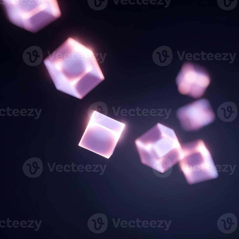 Futuristic abstract blockchain technology with glowing purple cube network. digital data blocks float in dark background, evoking mysterious and innovative feeling photo