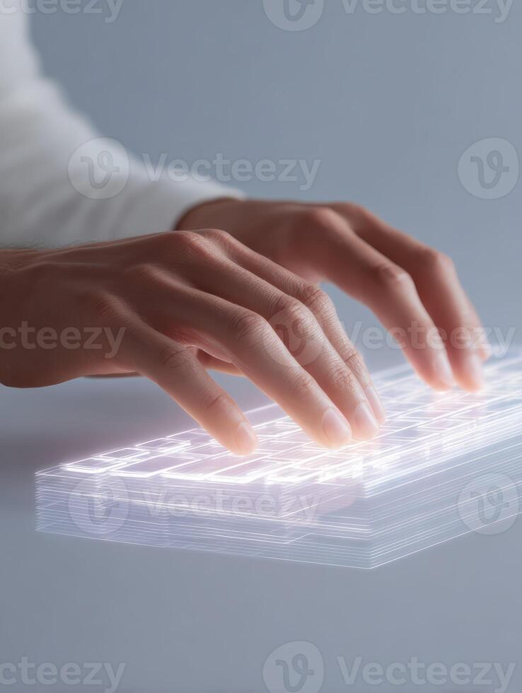 Focused person hand typing on futuristic glowing keyboard. concept of modern transparent technology, innovation in business communication and advanced digital interface photo