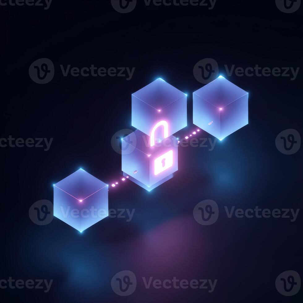 Futuristic blockchain technology concept with secure digital network for data and cryptocurrency finance. abstract glowing illustration conveys innovation and safety photo