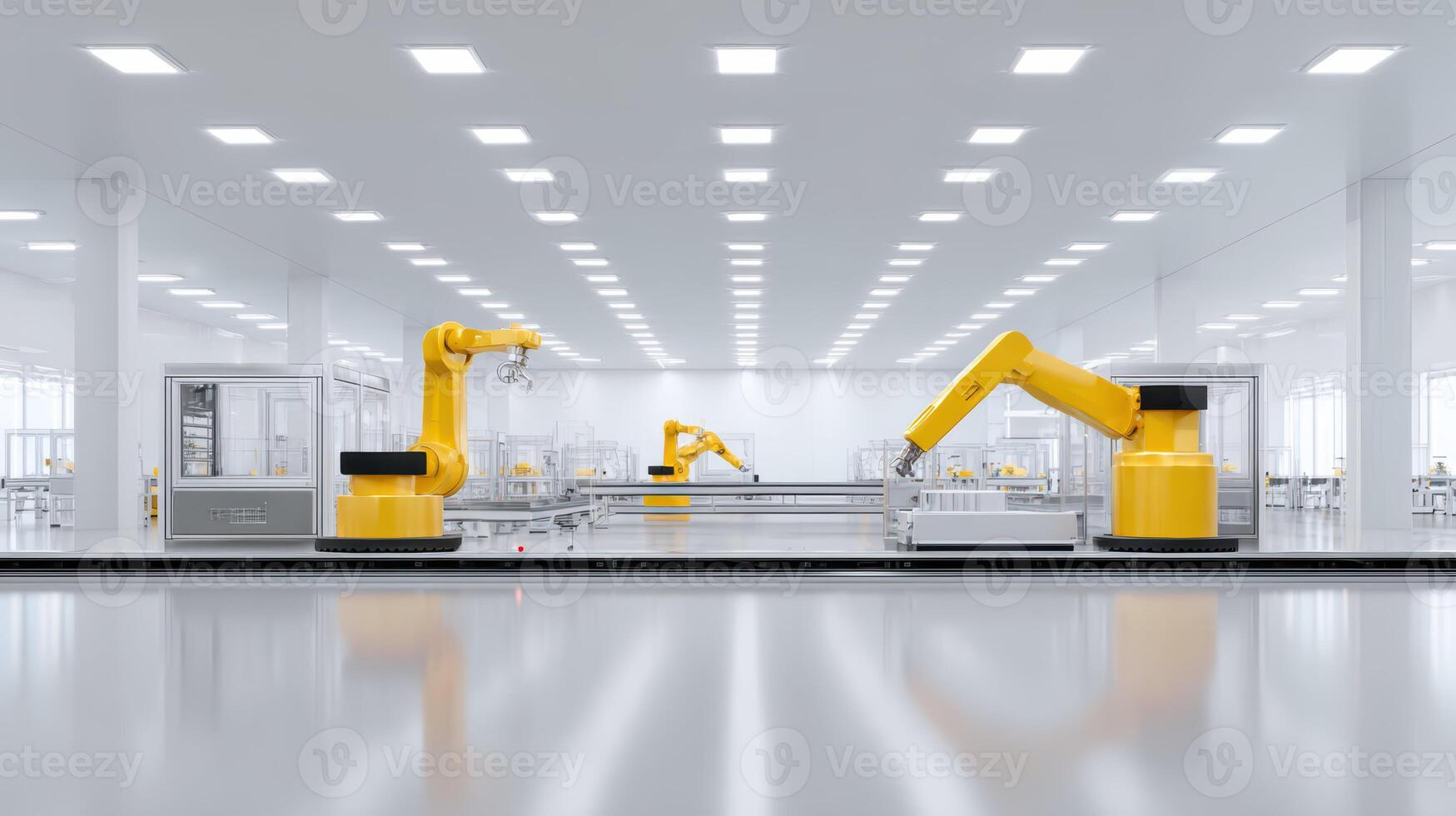 Smart factory with robotic arm on an assembly line showcasing futuristic automation. advanced manufacturing and industry technology represents precise production photo