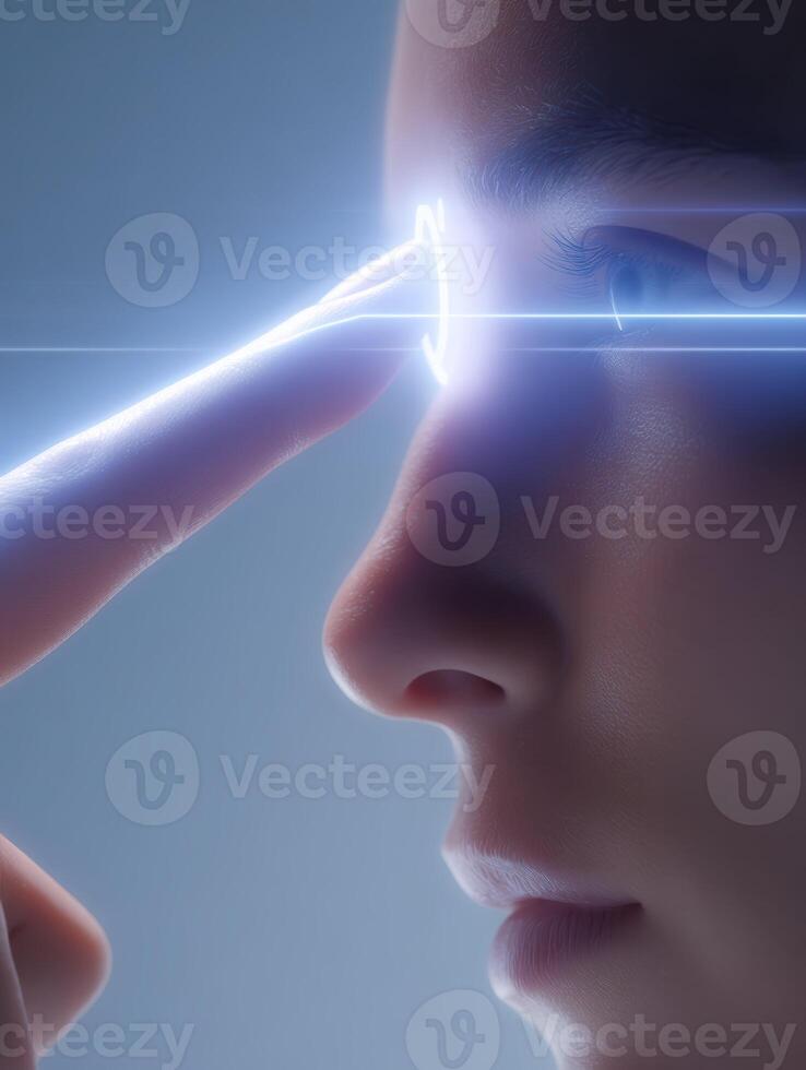 Calm futuristic biometric authentication using light scanner on face. advanced technology establishes secure connection for identity verification and digital security photo