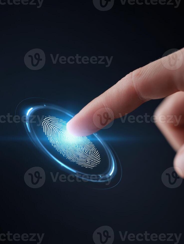 Futuristic fingerprint scan provides high level security and digital biometric authentication. person finger unlocking system grants secure access and control photo