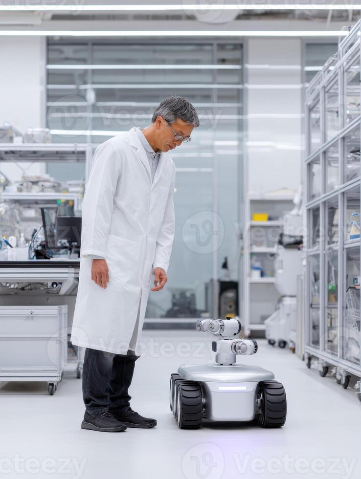 Focused Asian male scientist in lab coat working with an advanced robot. Technology research and development in modern laboratory for futuristic innovation and automation photo