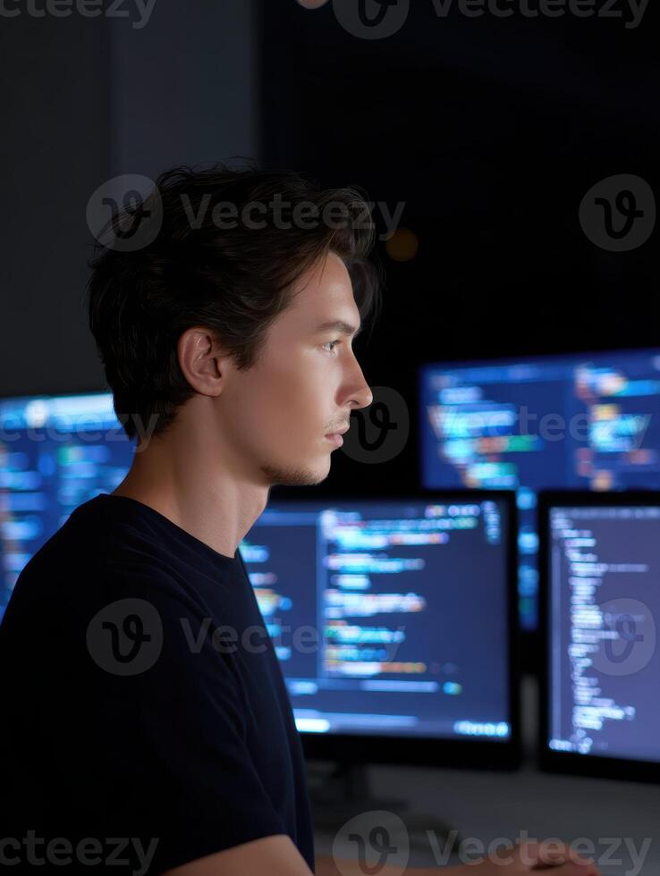 Focused programmer working with complex code on computer screen. male developer using technology, analyzing data in dark office at night, showing intense concentration photo